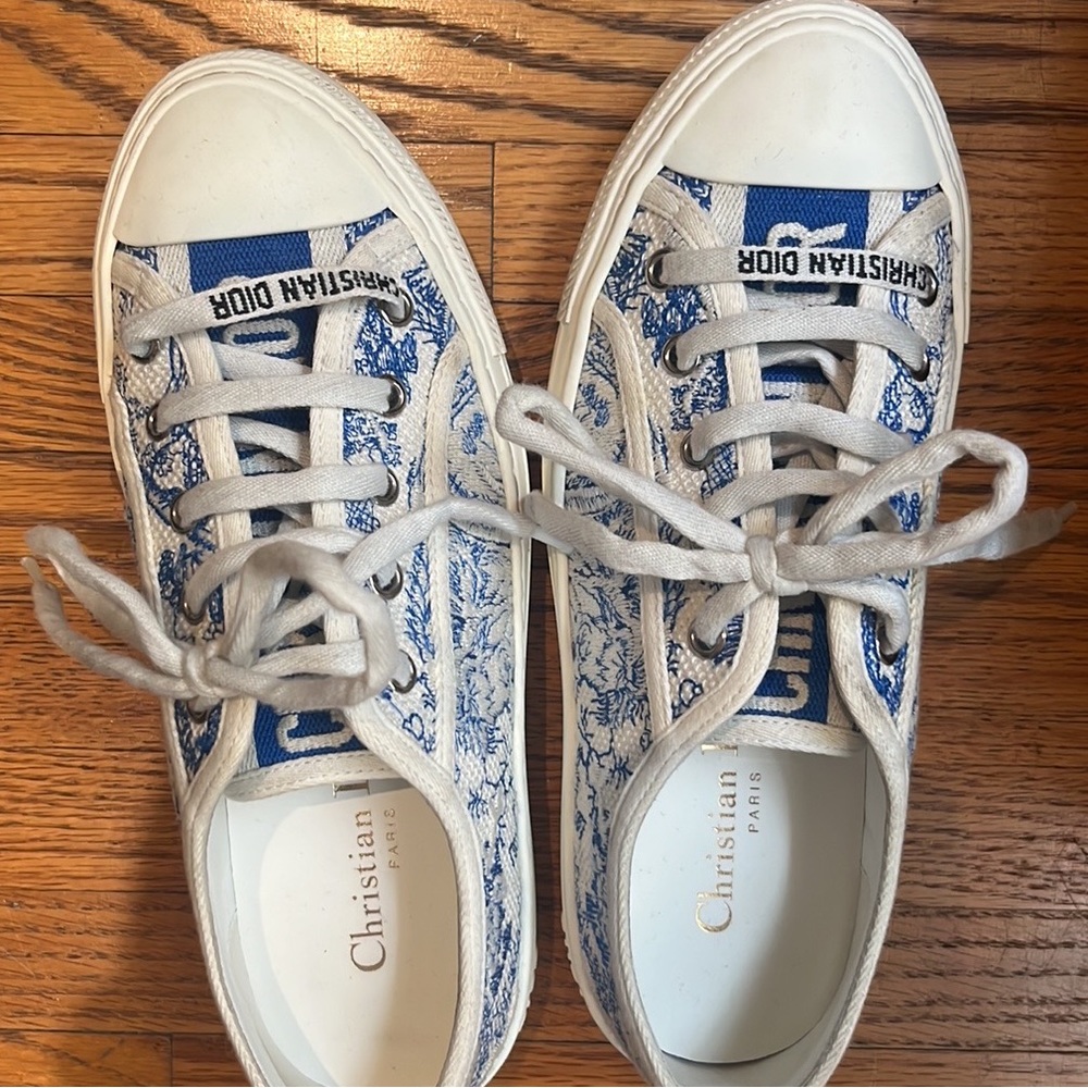Dior White and Blue Toile Low-Top Sneakers